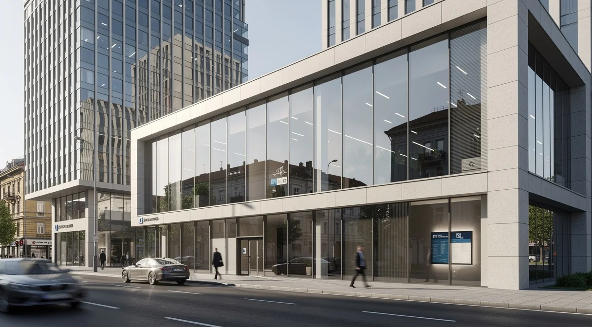 Façade d'une agence bancaire moderne dans le quartier financier de Sofia
