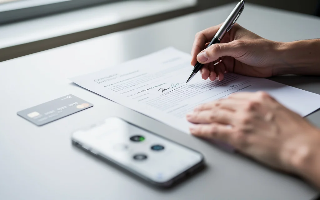 Personne signant des documents d'ouverture de compte bancaire avec une carte et un smartphone